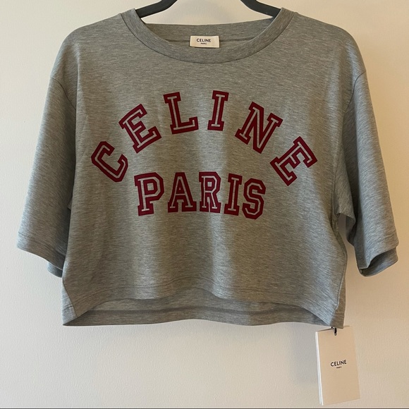 NWT Celine S Cropped Jersey T-Shirt Grey/Burgundy - Picture 9 of 10